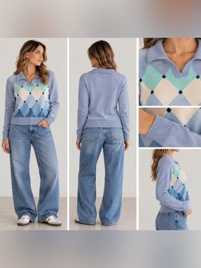 Argyle Patterned Blue Sweater